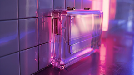 A futuristic clear acrylic clutch against a pastel violet wall