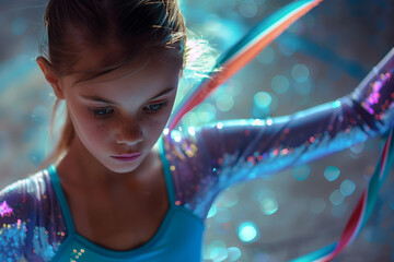 A girl rhythmic gymnast with ribbon concentrating as she does her routine. A young gymnast practicing.