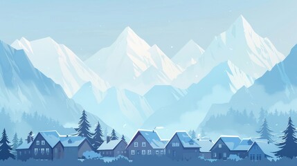 Fototapeta premium light blue footer section backround with snowy mountian peaks subtly behind a towns roof line all subtle vector cartoon style backround 