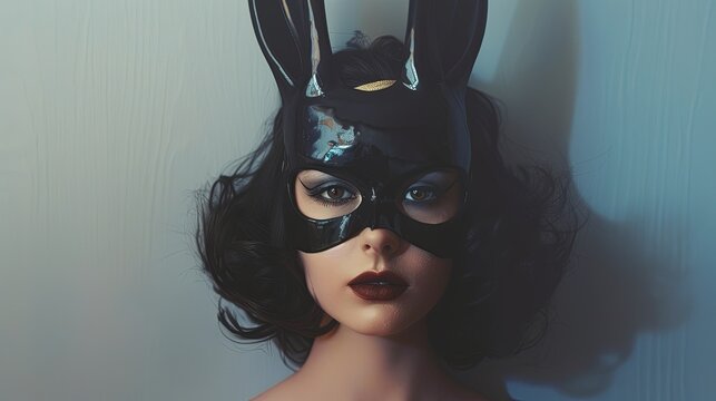 A vintage comic book style illustration of a woman wearing a black bunny mask and ears. Generative AI