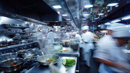 Group of cooks in restaurant kitchen, motion blur. Stressful physical job concept