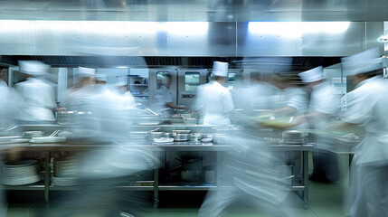 Cooks in commercial kitchen, motion blur. Stressful physical job