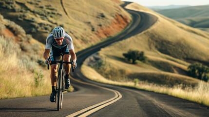 Fototapeta premium A cyclist leans into a sweeping bend on a scenic country road