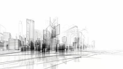 abstract modern urban landscape line drawin.3D illustration Imagination architecture building construction perspective design.