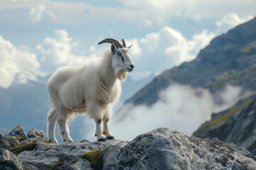 White goat on the top of the mountain in the Alps