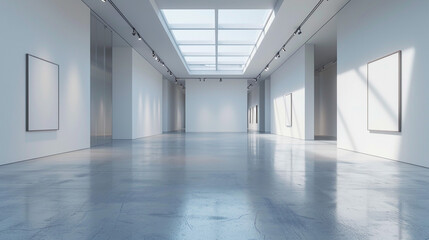 A minimalist art studio with white walls and a large, central workspace bathed in natural light from a skylight above.