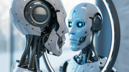 Fototapeta premium introvert robot looking in a mirror and seeing extrovert version of itself