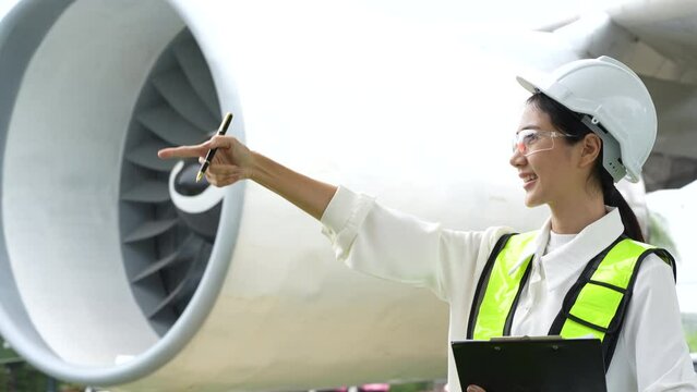 Woman engineer in white hardhat standing and holding tablet working aircraft maintenance mechanics moving through hangar.