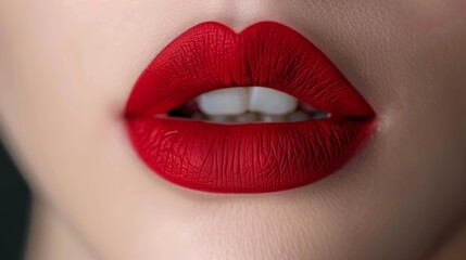 Obraz premium Close-up of red lips with a seductive expression. High-quality makeup style with vibrant color. Ideal for beauty industry, fashion, and cosmetics advertisements. AI