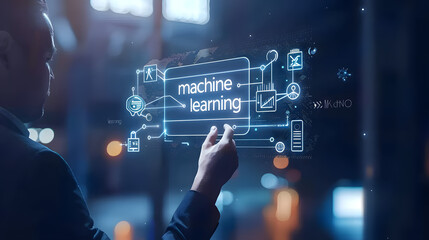 Fototapeta premium Businessman touching virtual screen with text machine learning on hologram display and icons of technology 