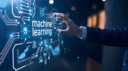 Fototapeta premium Businessman touching virtual screen with text machine learning on hologram display and icons of technology 