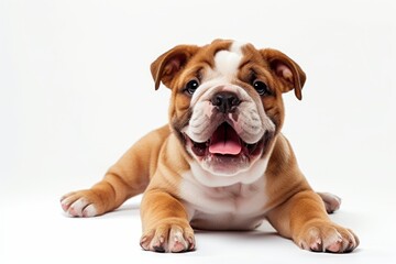 Bulldog Puppy with Wrinkled Face and a Happy Pant: A Bulldog puppy with a wrinkled face and a happy pant, exuding innocence and joy. photo on white isolated background