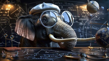 An elephant wearing large glasses and a traditional academic hat, teaching physics, with a blackboard full of formulas and pendulums for demonstration.