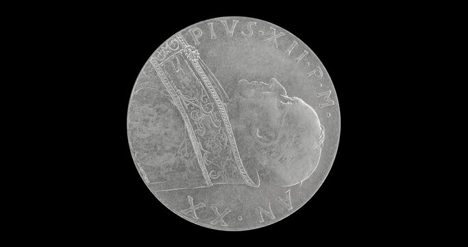 Obverse of Vatican coin 100 lire 1958 with the portrait of pope Pius XII, isolated in black background. Seamless animation in 4k resolution video.