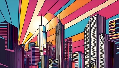 Pop art image of a tall building in the middle of the city with the sun shining.