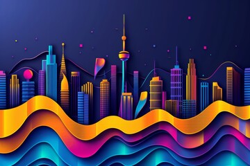 wallpaper,bright color,cyebrpunk,technology curve background,mythical,city skyline ,Minimalist composition ,3d,flat illustration 