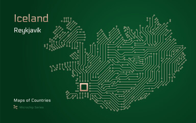 Iceland Map with a capital of Reykjavik Shown in a Microchip Pattern with processor. E-government. World Countries vector maps. Microchip Series	