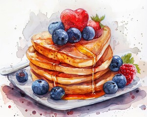 Heart-shaped pancakes with pastel watercolor syrup and berries