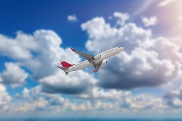 Airplane flight in colored sunset sky