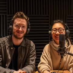 portrait of a men and women in podcast