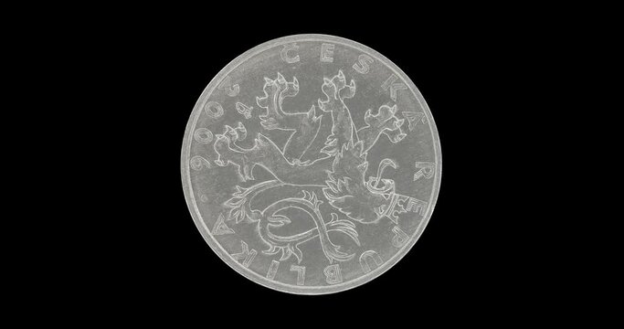 Obverse of Czech coin 50 hellers 2006, isolated in black background. Seamless animation in 4k resolution video.