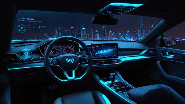 Shows the inside of a car with a steering wheel, a dashboard, and a large screen in the center console. The car is lit up with blue lights.