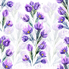 Spring flowers in the form of a pattern, purple creative design with crocuses. Watercolor pattern for fabric, textiles with purple buds. Seamless spring pattern with snowdrops.