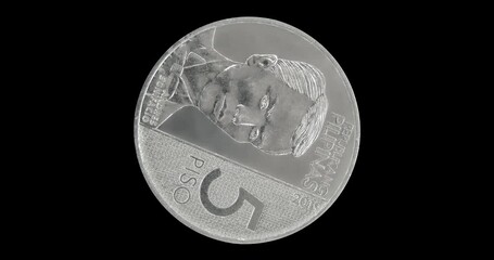 Reverse of Philippines coin 5 piso 2019, isolated in black background. Seamless animation in 4k resolution video.