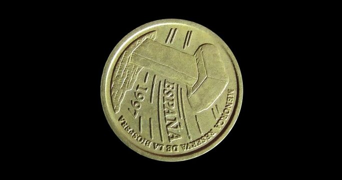 Obverse of Spain coin 5 ptas 1997, isolated in black background. Seamless animation in 4k resolution video.