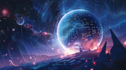 llustration of high-tech industrial world with computers, code in the air, and an infiniti symbol in the center, digital painting simple design flat shapes ::1 