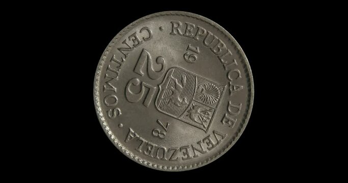 Reverse of Venezuela coin 25 centavos 1978, isolated in black background. Seamless animation in 4k resolution video.