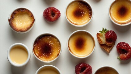 Creamy crème brûlée with caramelized tops in white ramekins, garnished with fresh raspberries, arranged on a white background, highlighting their rich texture.