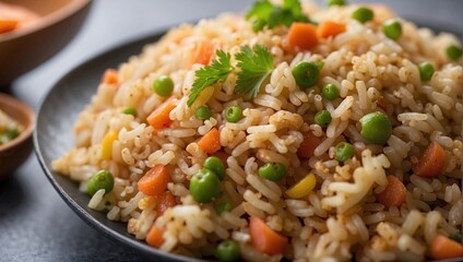 Vibrant vegetable fried rice with peas, carrots, and bell peppers, garnished with fresh cilantro, served in a black bowl, highlighting colorful and flavorful ingredients