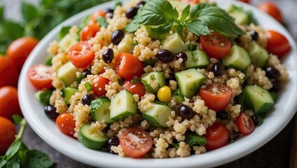 Fresh couscous salad with cherry tomatoes, cucumbers, black beans, corn, and basil, served in a white bowl, highlighting colorful and nutritious ingredients.
