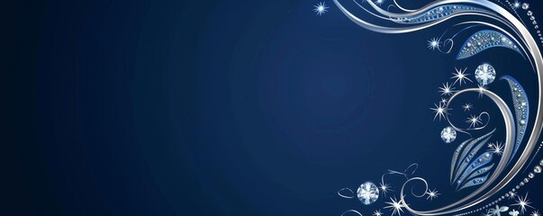 Elegant silver swirls on blue background with sparkles and decorative elements for festive and elegant designs