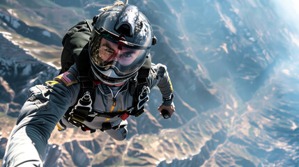 A skydiver's helmet camera captures the thrill of the descent