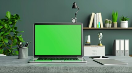 Mockup of a green screen laptop with workstation and copy space