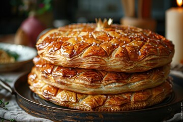 Galette des Rois A traditional Galette des Rois with a golden, flaky pastry and almond cream filling. Decorated with a paper crown