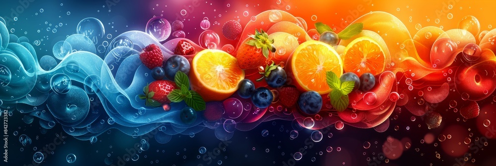 Wall mural colorful fruit abstract background with bubbles and swirls - Wall murals