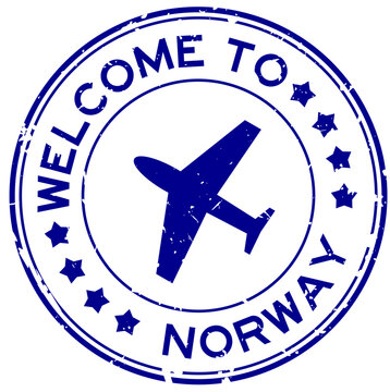 Grunge blue welcome to norway word with plane icon round rubber seal stamp on white background