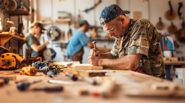 a detailed image of a veteran concentrating on a woodworking project in a hobby workshop, surrounded by tools and supportive peers, Emotional Adaptation, Memorial Day, Independence Day, 4th july