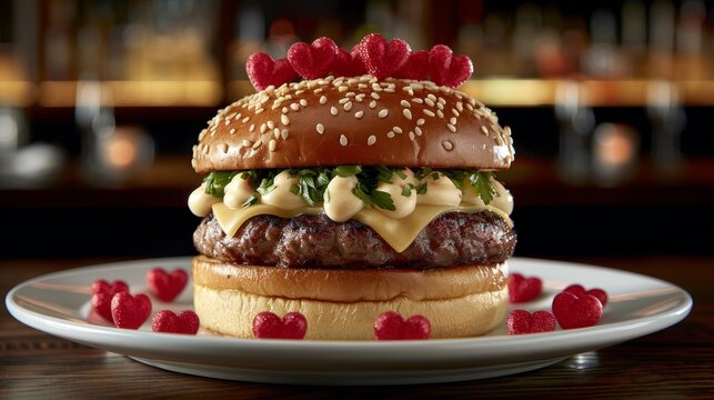 Heart shaped burger with bursting hearts decoration for a unique valentine s day twist
