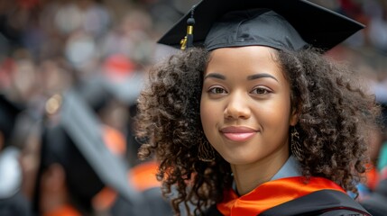 Happy black female grad in cap and gown laughs with diverse graduates in background