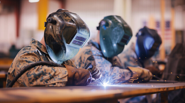 a  of veterans learning welding techniques in a vocational training workshop, with protective gear and hands-on practice, Education and Retraining, Memorial Day, Independence Day, 4th july