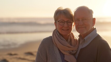 Fototapeta premium Happy senior couple standing on the beach at sunset, smiling. 