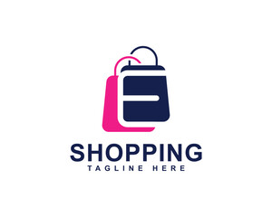 Letter E with Shopping Bag Logo. Online Shopping, Shopping Application Branding and Company Logo. Shopping Bag with Letter E Combination Logo Design.