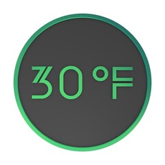 Green number thirty in a gray circle on a white background isolate. Degrees Fahrenheit. Air temperature. Rendering illustration.