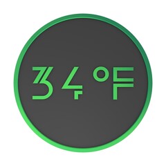 Green number thirty-four in a gray circle on a white background isolate. Degrees Fahrenheit. Air temperature. Rendering illustration.