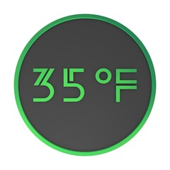 Green number thirty-five in a gray circle on a white background isolate. Degrees Fahrenheit. Air temperature. Rendering illustration.