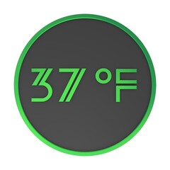 Green number thirty-seven in a gray circle on a white background isolate. Degrees Fahrenheit. Air temperature. Rendering illustration.